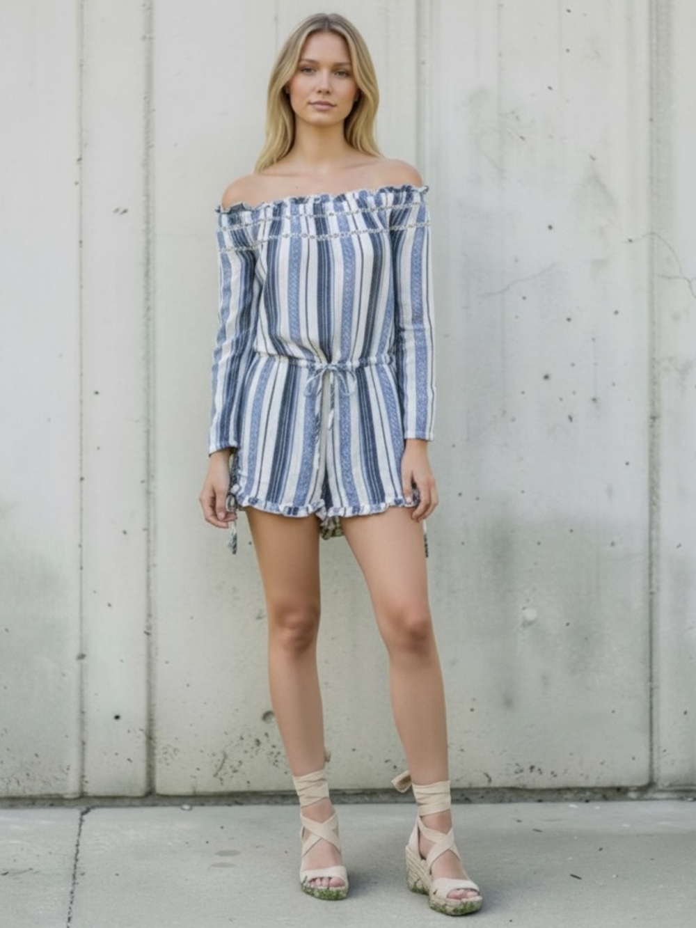Roxy Anthem Blue & White Striped Off-Shoulder Romper Sz S